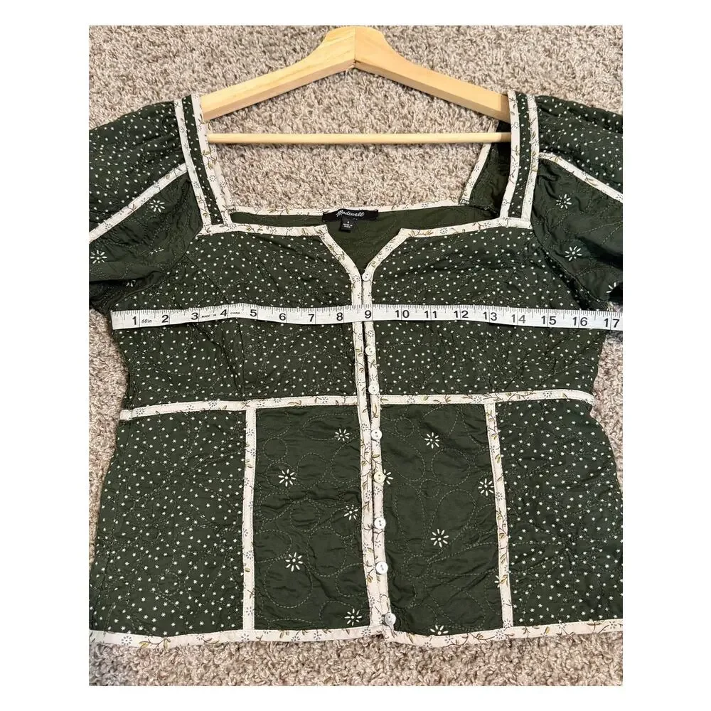 Madewell Patchwork Puff-Sleeve Top in Dark Forest Quilted Crop Sz 6